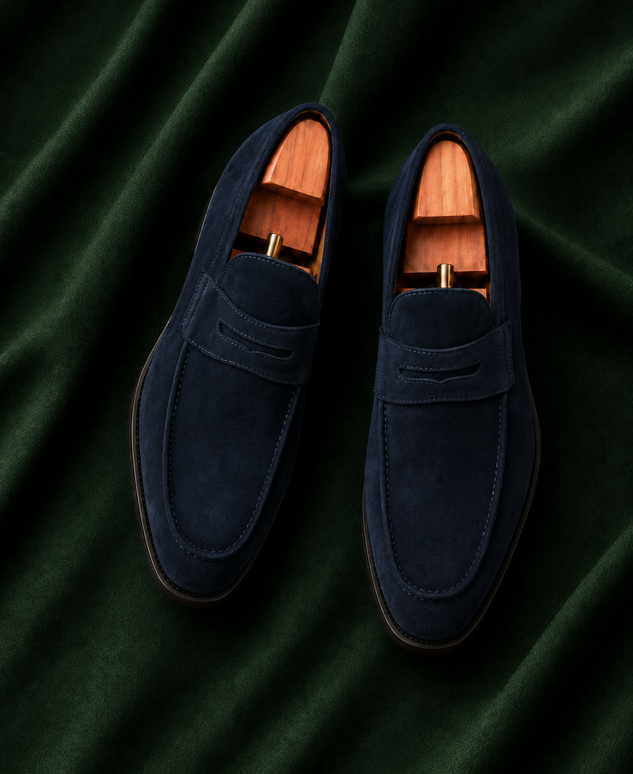 The Amalfi — Navy Suede Italian Leather Penny Loafers for Men