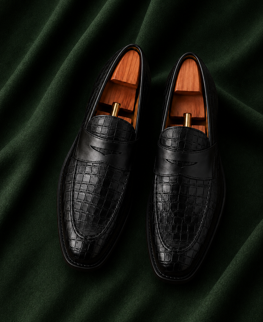 Don Vittorio — Black Croc-Textured Italian Leather Loafers for Men