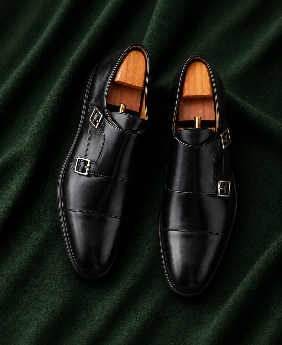 Don Marco — Black Double Monk Strap Italian Leather Dress Shoes for Men