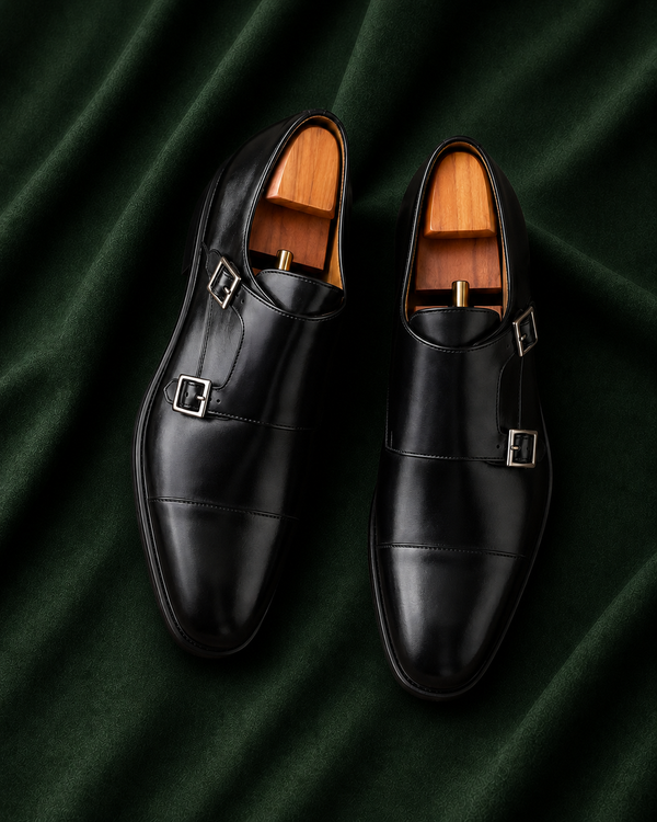 Don Marco — Black Double Monk Strap Italian Leather Dress Shoes for Men