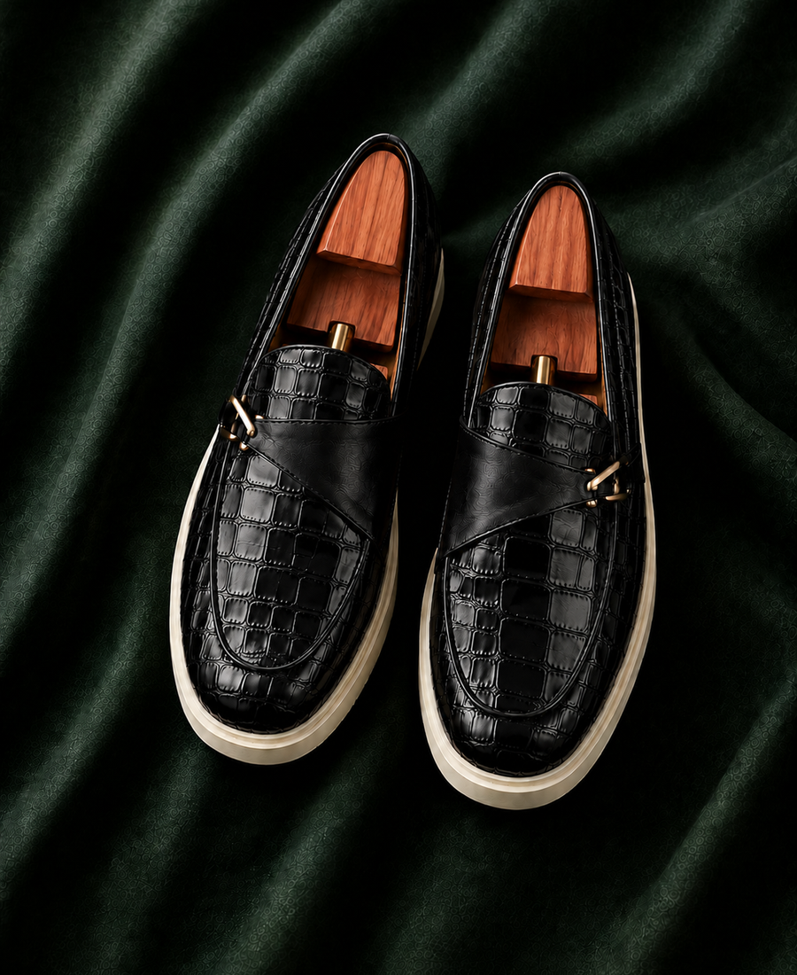 The Milano — Black Croc-Textured Italian Leather Luxury Loafer Sneakers for Men