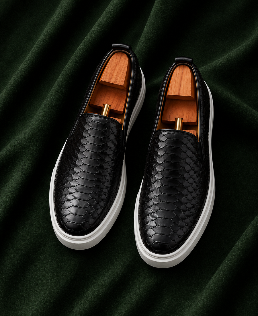 The Serpico — Black Python-Textured Italian Leather Luxury Sneakers for Men