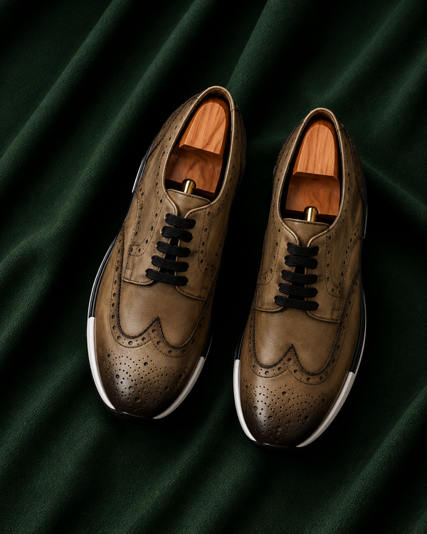 The Oliveri — Olive Wingtip Brogue Italian Leather Luxury Sneakers for Men