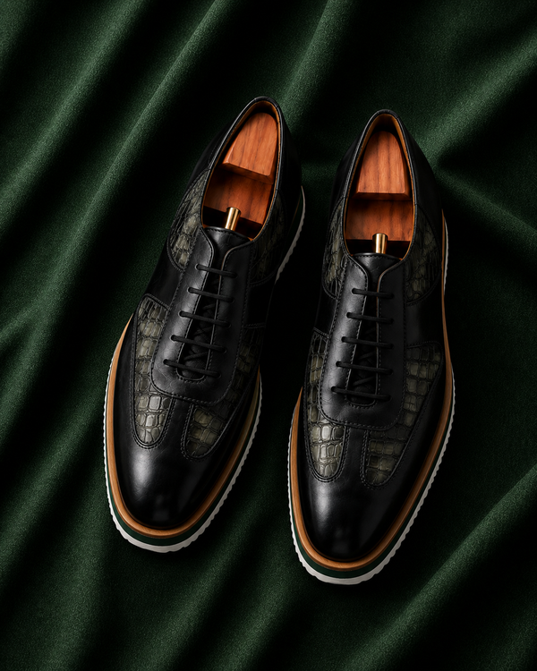 The Smeraldo — Black & Emerald Croc-Textured Italian Leather Luxury Sneakers for Men