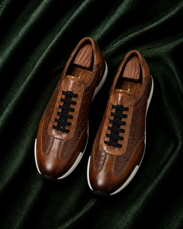 The Velocci — Cognac Snake-Textured Italian Leather Luxury Sneakers for Men