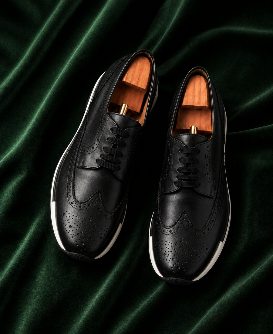 The Notturno — Black Wingtip Brogue Italian Leather Luxury Sneakers for Men