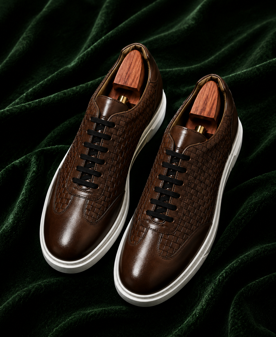 The Intreccio — Brown Woven Italian Leather Luxury Sneakers for Men