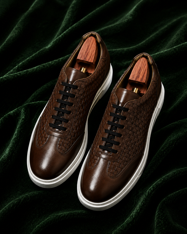 The Intreccio — Brown Woven Italian Leather Luxury Sneakers for Men