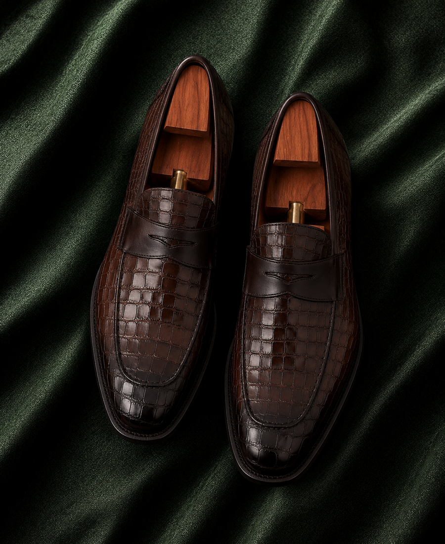 Don Tommaso — Brown Croc-Textured Italian Leather Penny Loafers for Men