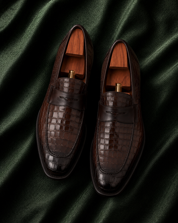 Don Tommaso — Brown Croc-Textured Italian Leather Penny Loafers for Men