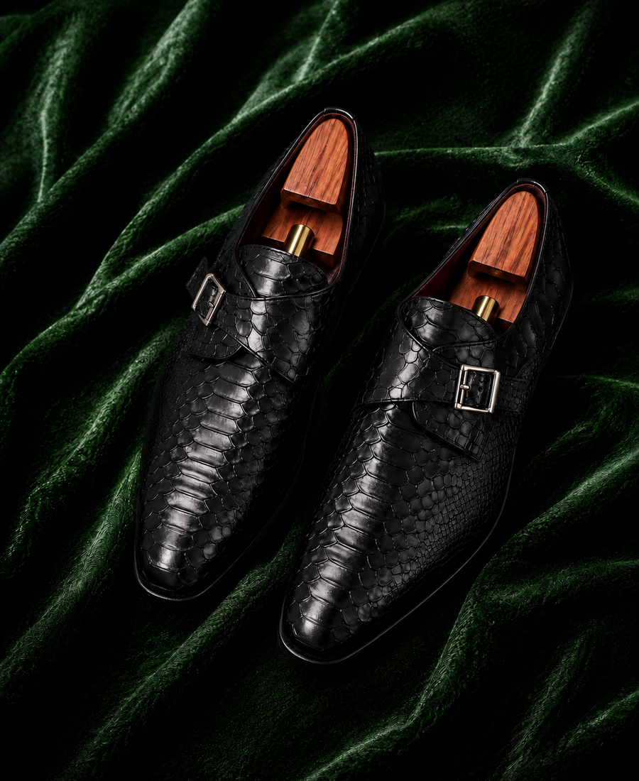 Don Salvatore — Black Python-Textured Single Monk Strap Italian Leather Dress Shoes for Men