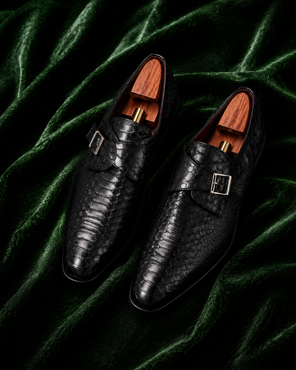 Don Salvatore — Black Python-Textured Single Monk Strap Italian Leather Dress Shoes for Men