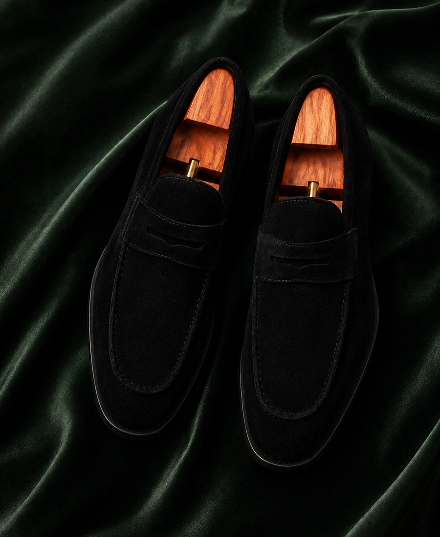 The Vesper — Black Suede Italian Leather Penny Loafers for Men