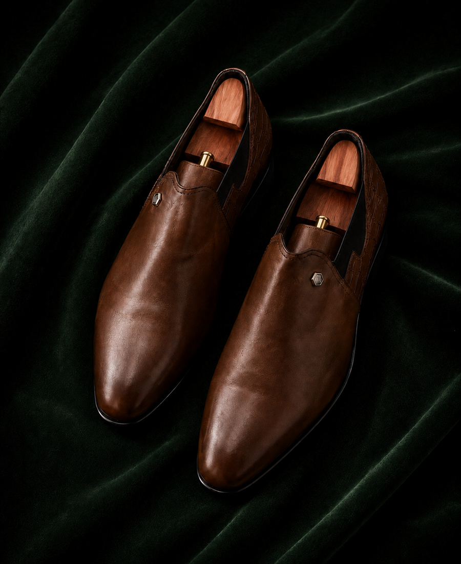 The Affilato — Brown Croc-Accented Italian Leather Slip-On Loafers for Men