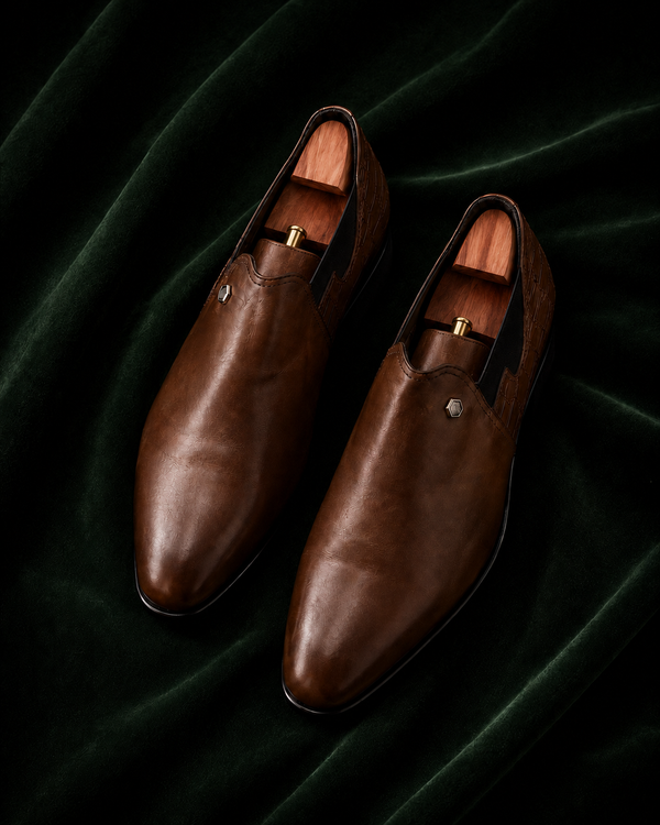 The Affilato — Brown Croc-Accented Italian Leather Slip-On Loafers for Men