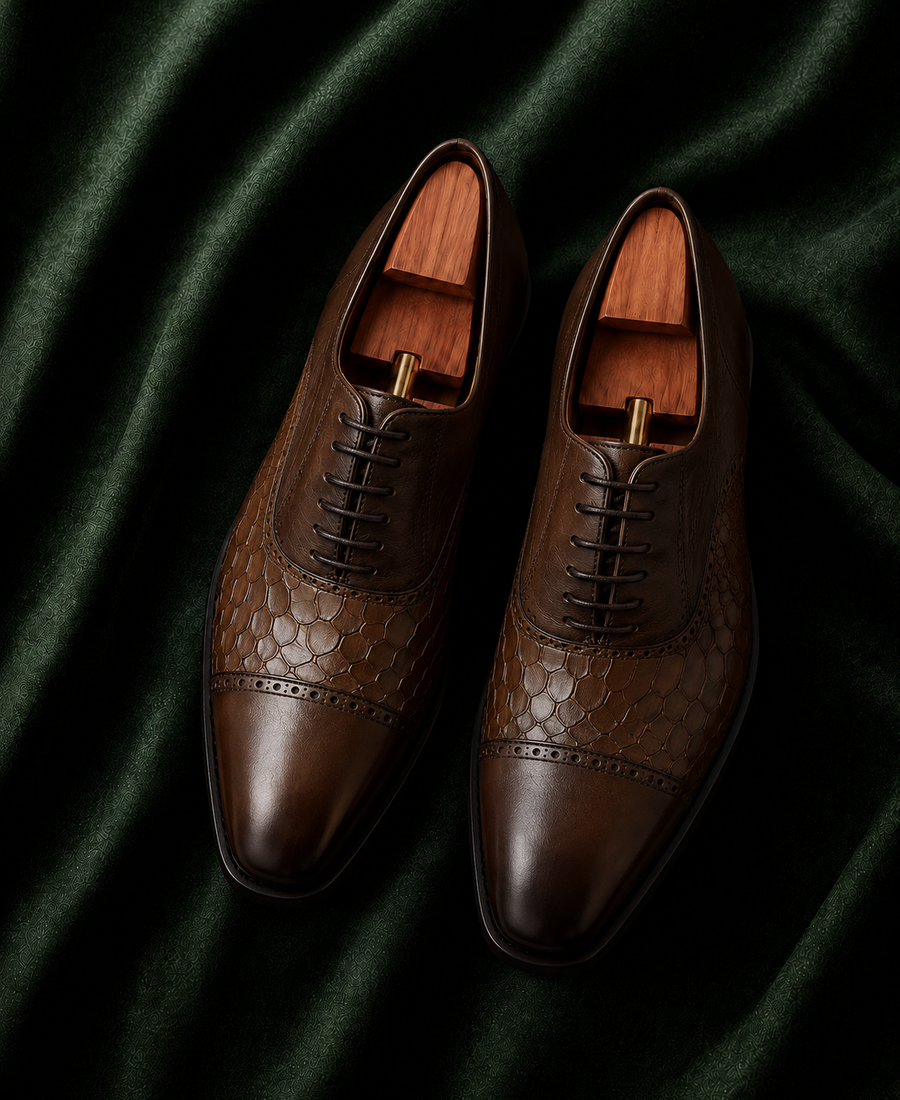The Donatello — Brown Textured Italian Leather Cap-Toe Oxford Dress Shoes for Men