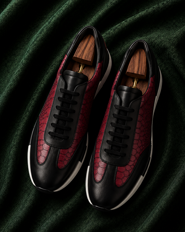 The Barolo — Black & Oxblood Snake-Textured Italian Leather Luxury Sneakers for Men