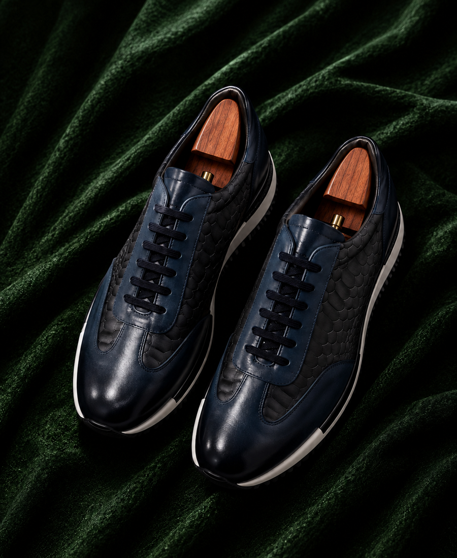 The Marino - Navy Snake-Textured Italian Leather Luxury Sneakers for Men