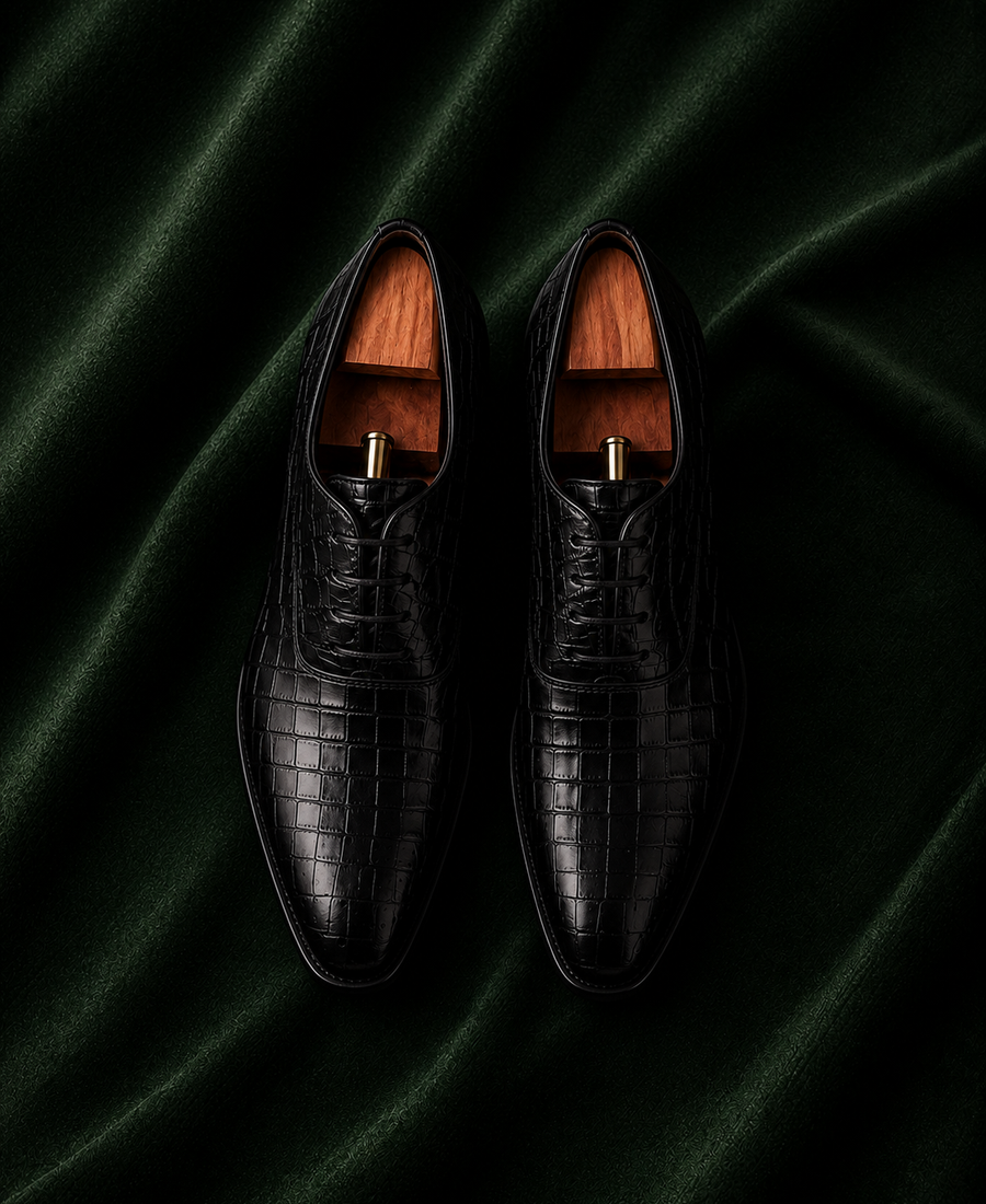 Il Sovrano — Black Croc-Textured Whole-Cut Italian Leather Oxford Dress Shoes for Men