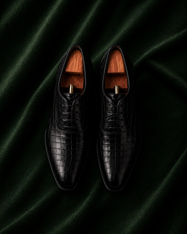 Il Sovrano — Black Croc-Textured Whole-Cut Italian Leather Oxford Dress Shoes for Men